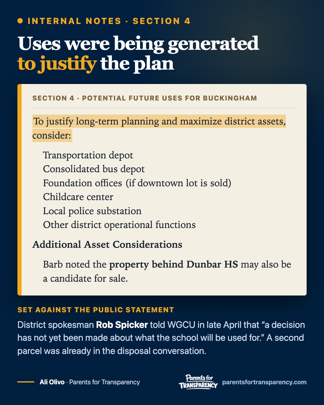 Card reproducing section 4 of the April 24 internal notes, headed Potential Future Uses for Buckingham. To justify long-term planning and maximize district assets, consider: transportation depot, consolidated bus depot, foundation offices if the downtown lot is sold, childcare center, local police substation, other district operational functions. Under Additional Asset Considerations: Barb noted the property behind Dunbar HS may also be a candidate for sale.